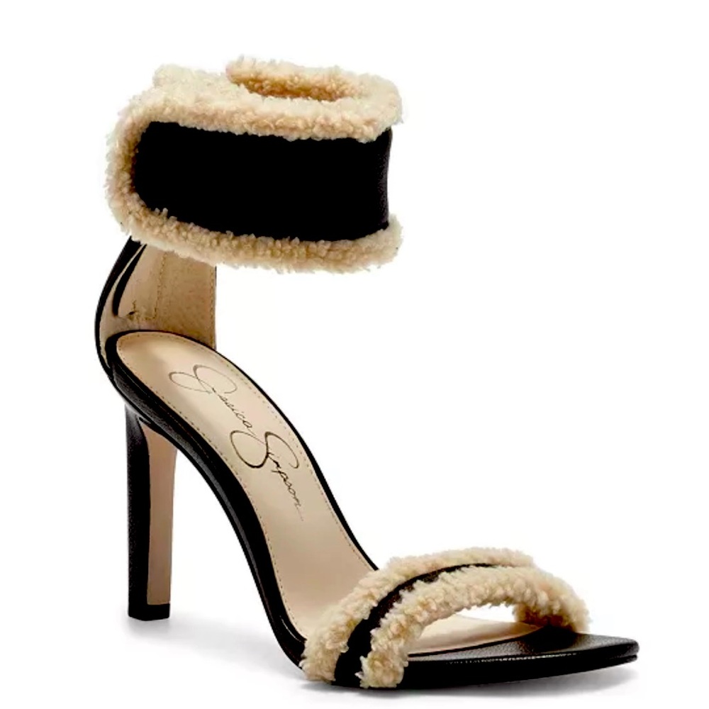 Jessica Simpson Cylia Faux Shearling Blk Ankle Cuff Sandal/Stiletto/Heels SZ 7